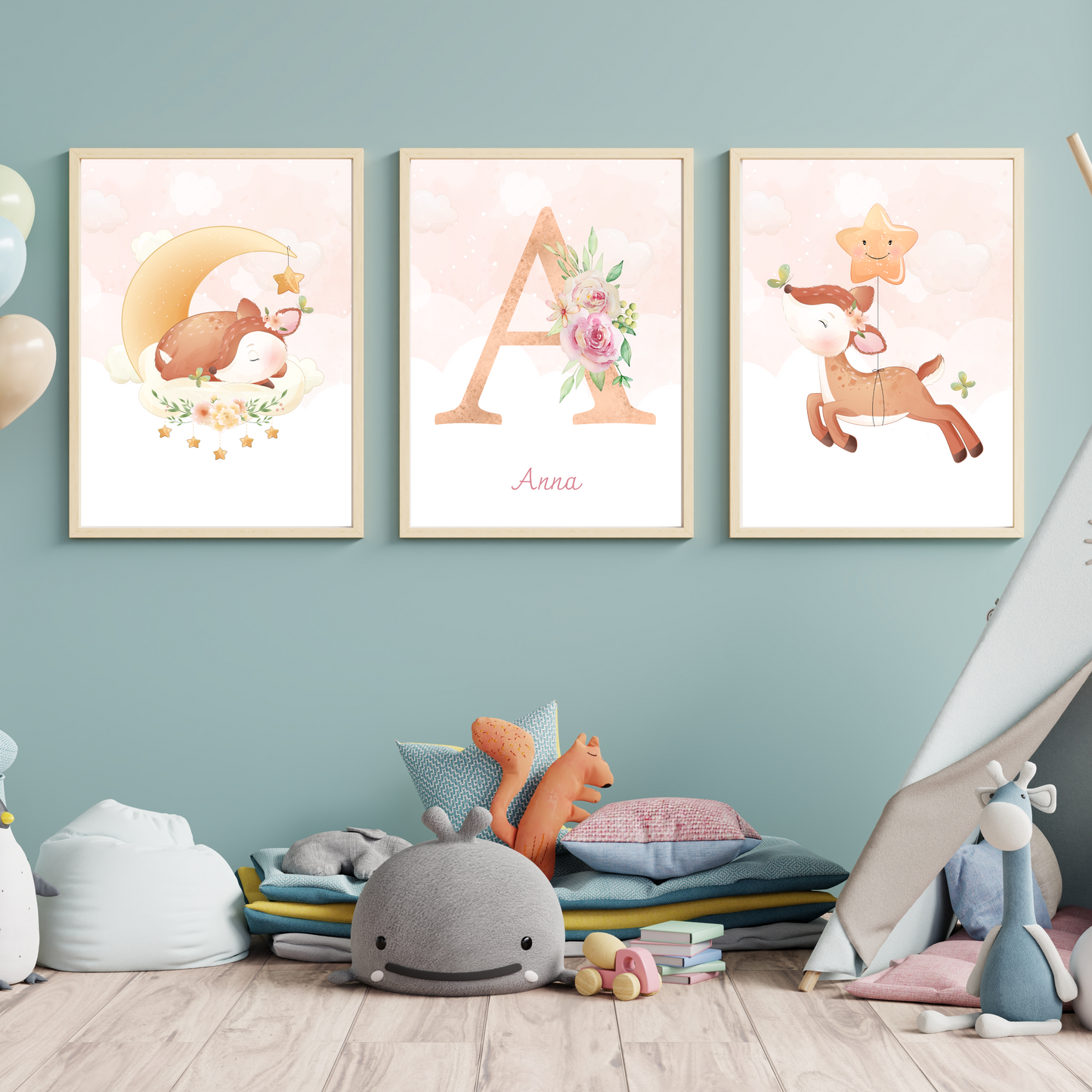 Affiches enfant biche - Affiche de Naissance animaux  - Cadeau de naissance personnalisé par Le Temps des Paillettes