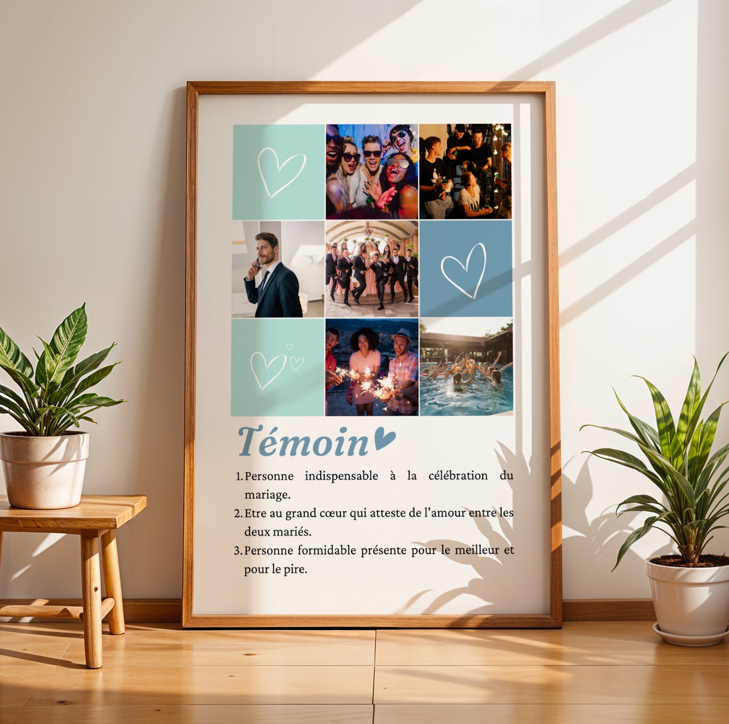 affiche témoin mosaïque 6 photos, cadeau témoin personnalisé mariage, affiche photo souvenir témoin, idée cadeau témoin original, affiche définition témoin personnalisée, collage photos mariage témoin, création Le Temps des Paillettes, affiche souvenir mariage personnalisé