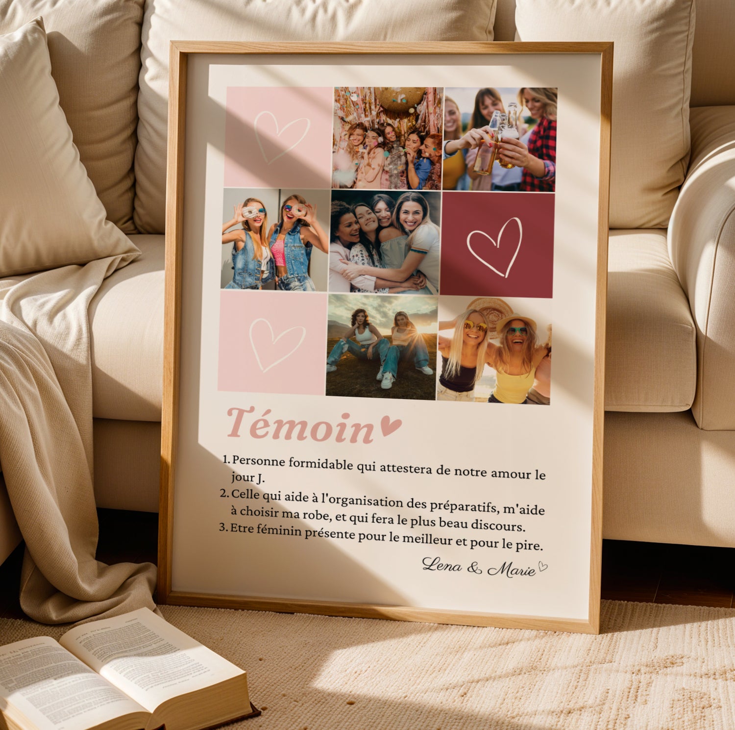 affiche témoin mosaïque 6 photos, cadeau témoin personnalisé mariage, affiche photo souvenir témoin, idée cadeau témoin original, affiche définition témoin personnalisée, collage photos mariage témoin, création Le Temps des Paillettes, affiche souvenir mariage personnalisé