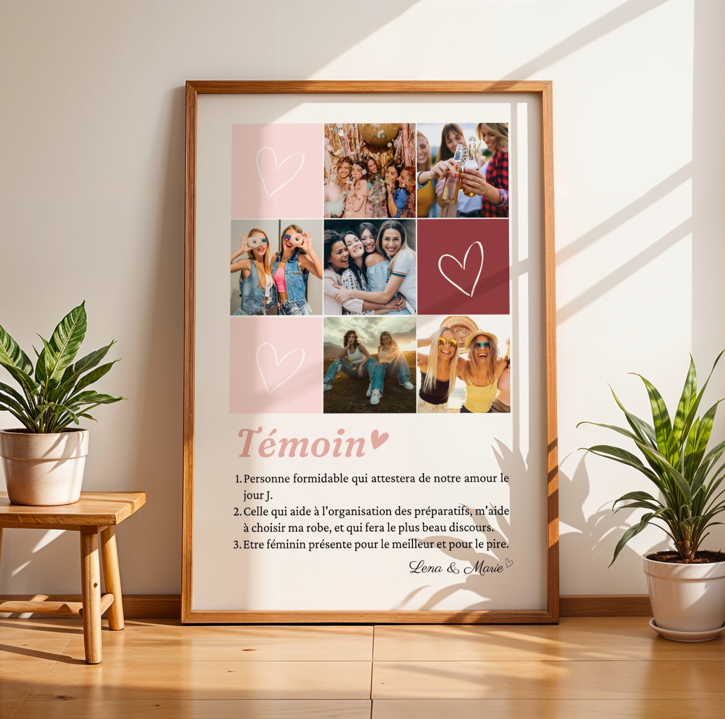 affiche témoin mosaïque 6 photos, cadeau témoin personnalisé mariage, affiche photo souvenir témoin, idée cadeau témoin original, affiche définition témoin personnalisée, collage photos mariage témoin, création Le Temps des Paillettes, affiche souvenir mariage personnalisé