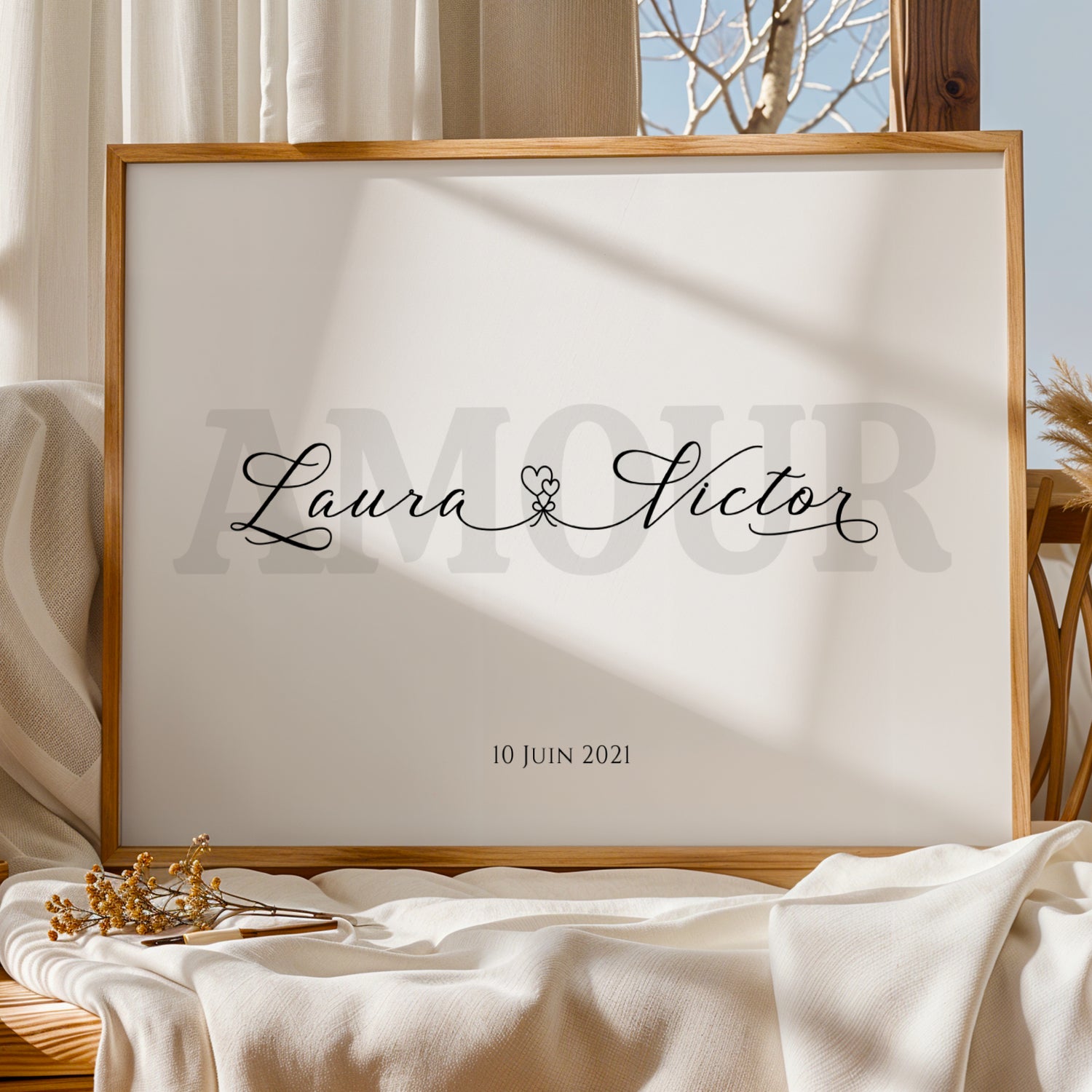 Affiche couple personnalisée avec prénoms entrelacés par coeur et date - Cadeau de Saint-Valentin Unique