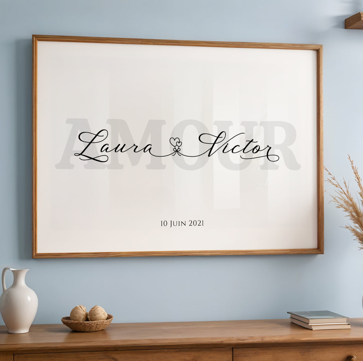 Affiche couple personnalisée avec prénoms entrelacés par coeur et date - Cadeau de Saint-Valentin Unique