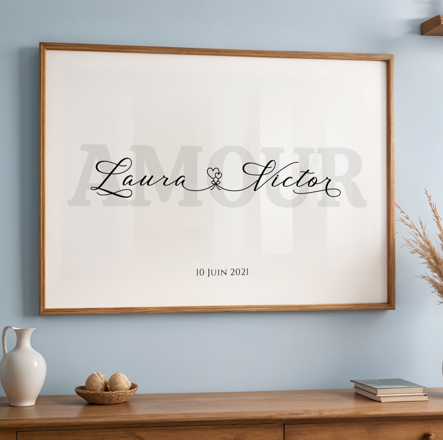 Affiche couple personnalisée avec prénoms entrelacés par coeur et date - Cadeau de Saint-Valentin Unique