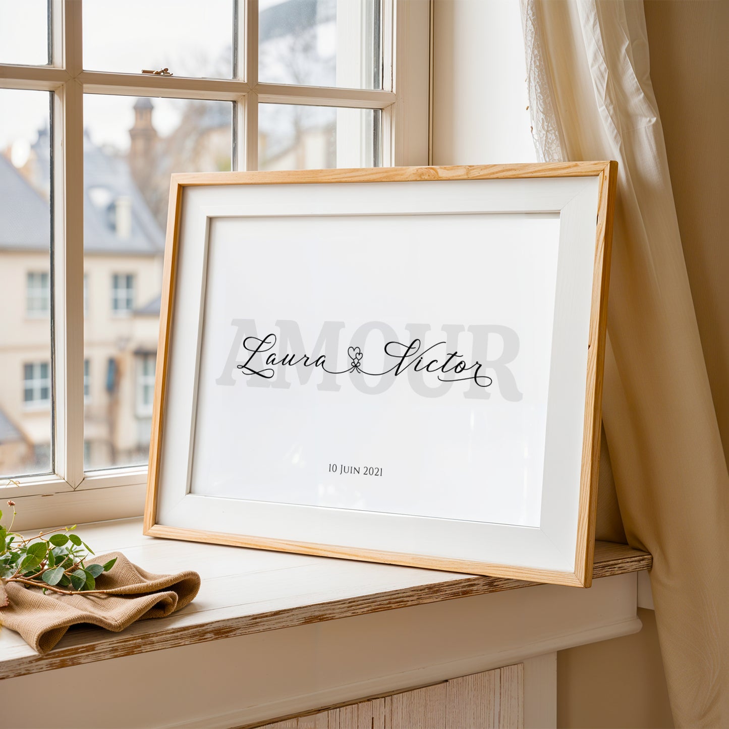 Affiche couple personnalisée avec prénoms entrelacés par coeur et date - Cadeau de Saint-Valentin Unique