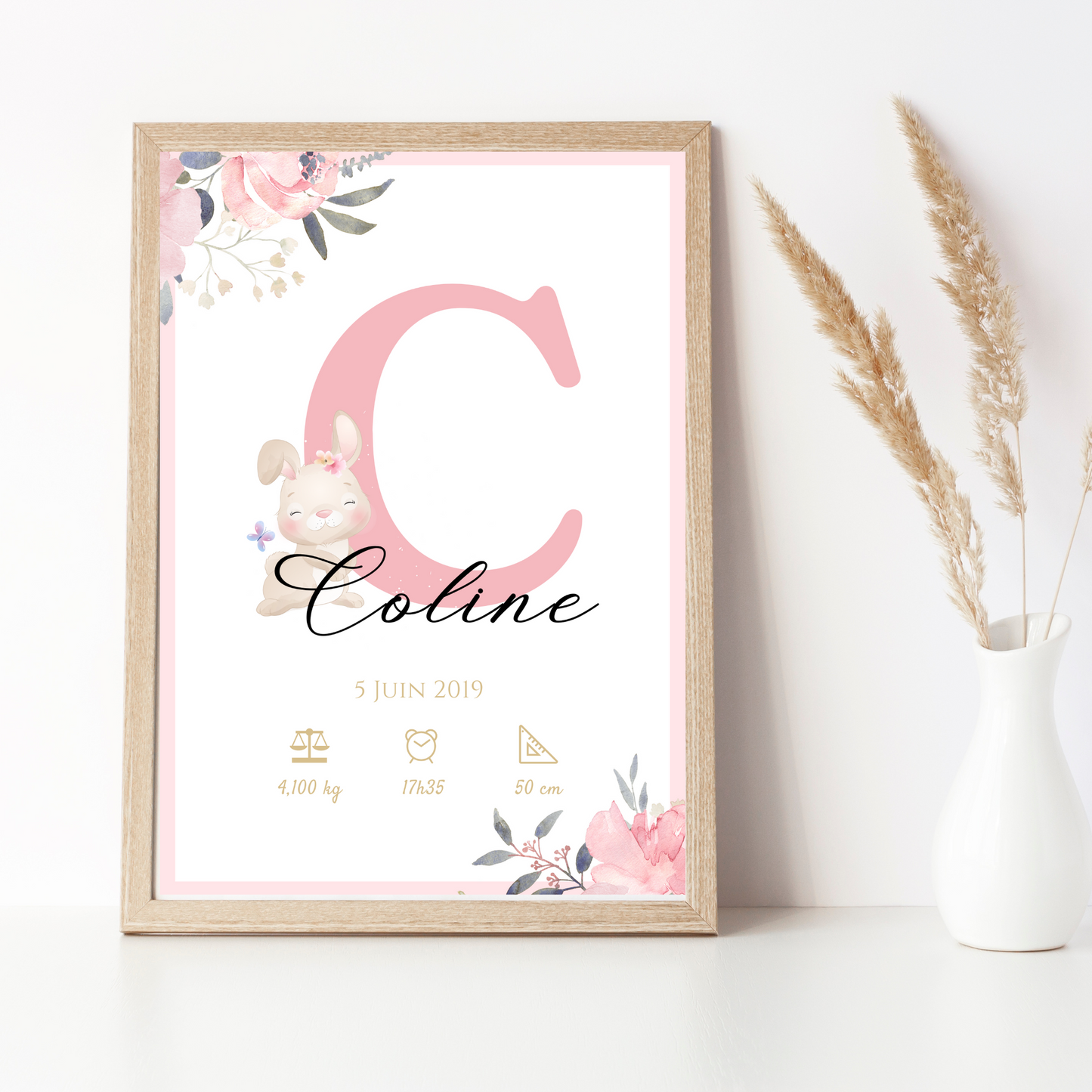 Affiche de naissance personnalisée prénom initiale lapin et roses  - Cadeau de naissance personnalisé  par Le Temps des Paillettes