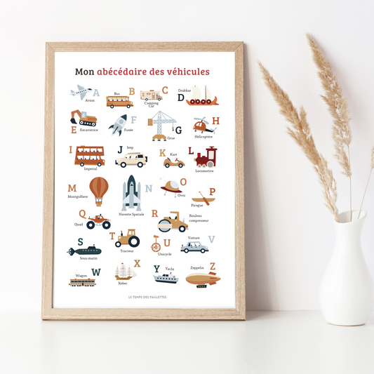 Affiche abécédaire des véhicules - décoration engins - ABC en français par Le Temps des Paillettes - Le Temps des Paillettes