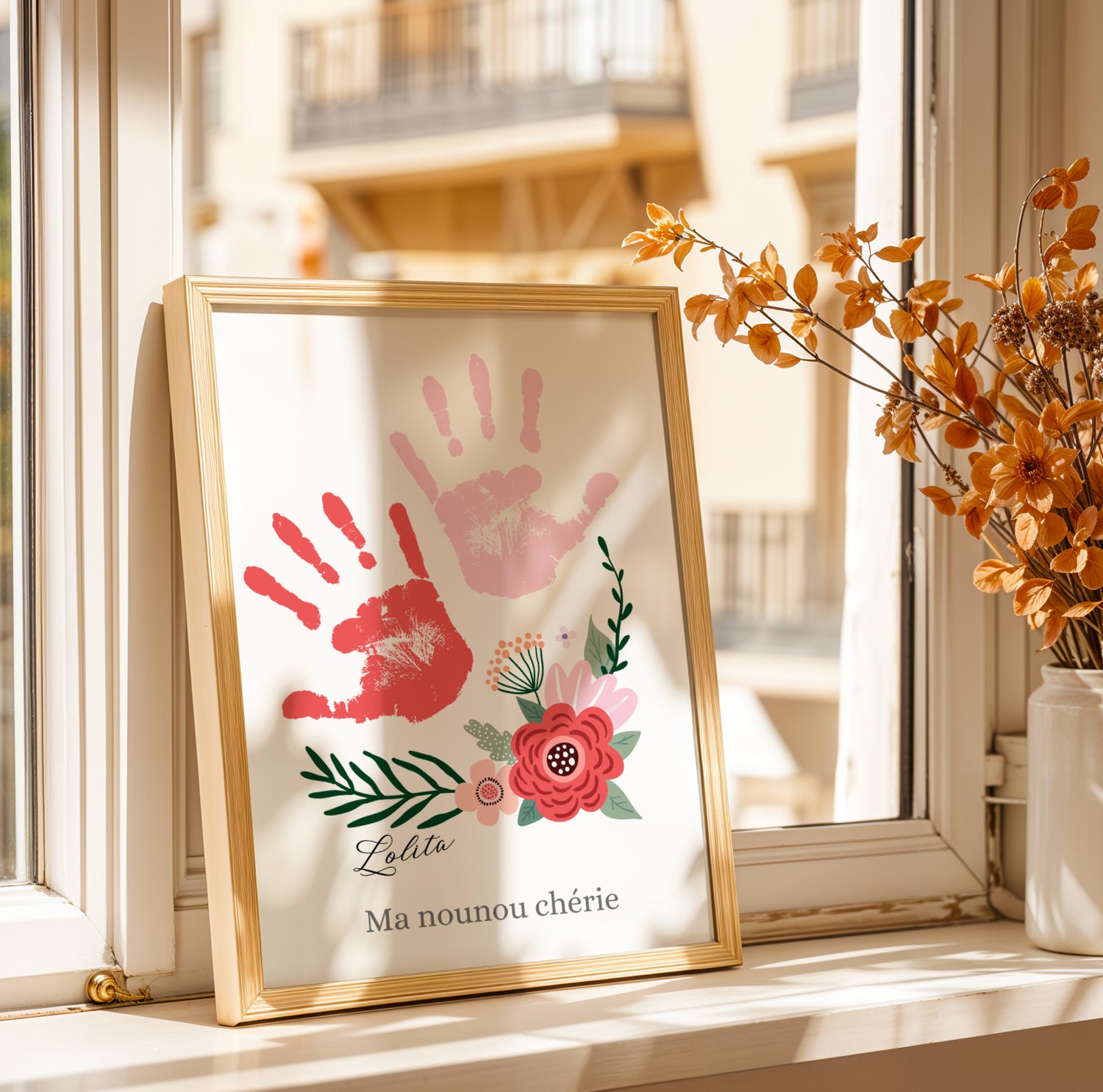 Affiche personnalisée pour nounou avec empreinte de main et bouquet de fleurs - Image 5