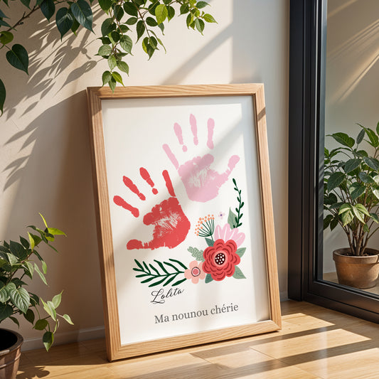 Affiche personnalisée pour nounou avec empreinte de main et bouquet de fleurs