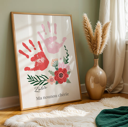 Affiche personnalisée pour nounou avec empreinte de main et bouquet de fleurs