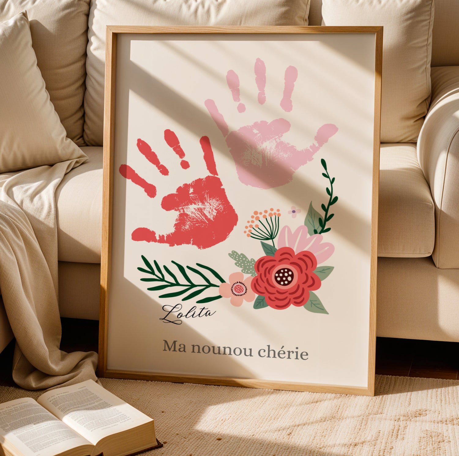 Affiche personnalisée pour nounou avec empreinte de main et bouquet de fleurs - Image 3