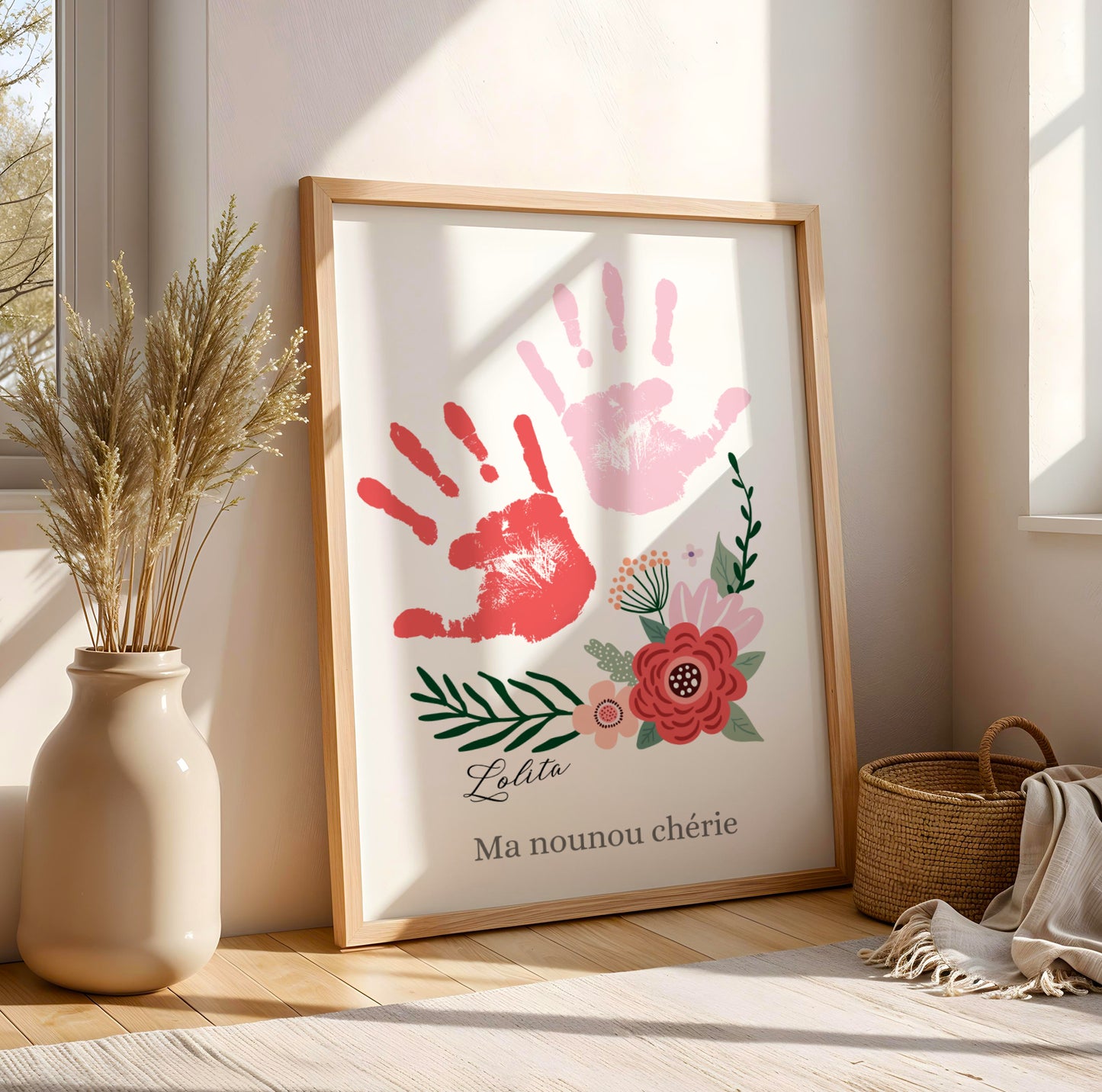 Affiche personnalisée pour nounou avec empreinte de main et bouquet de fleurs - Image 4