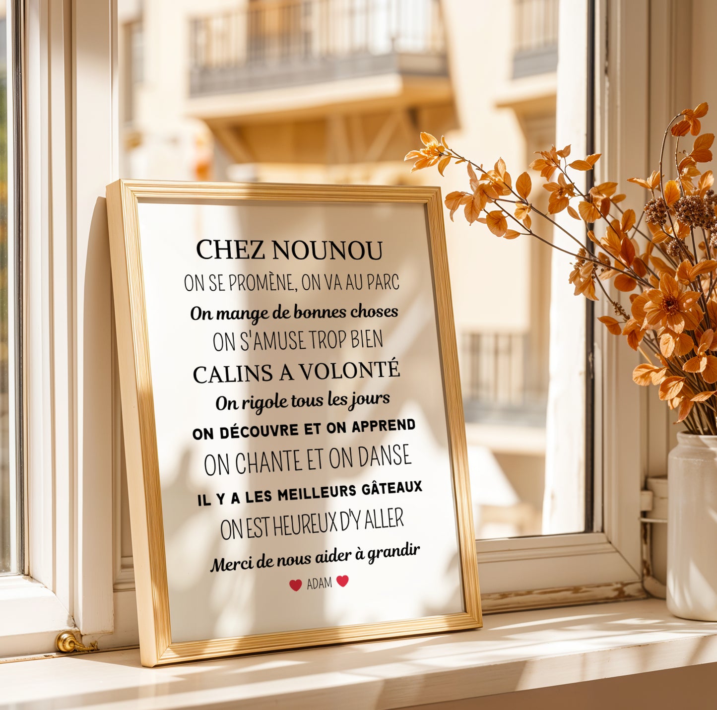 The "Affiche chez nounou personnalisé - Poster merci nounou" by Le Temps des Paillettes is a heartfelt gift, praising walks, parks, laughter, and hugs—perfect to brighten your nanny’s space with personal thanks and style.