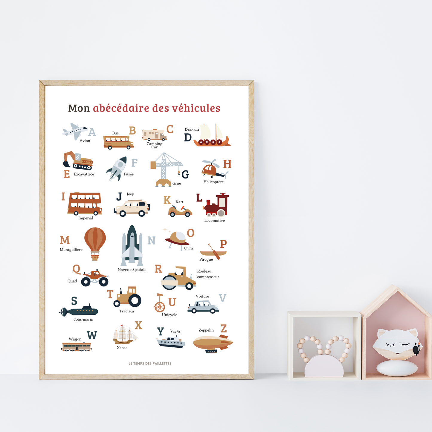 Affiche abécédaire des véhicules - décoration engins - ABC en français par Le Temps des Paillettes