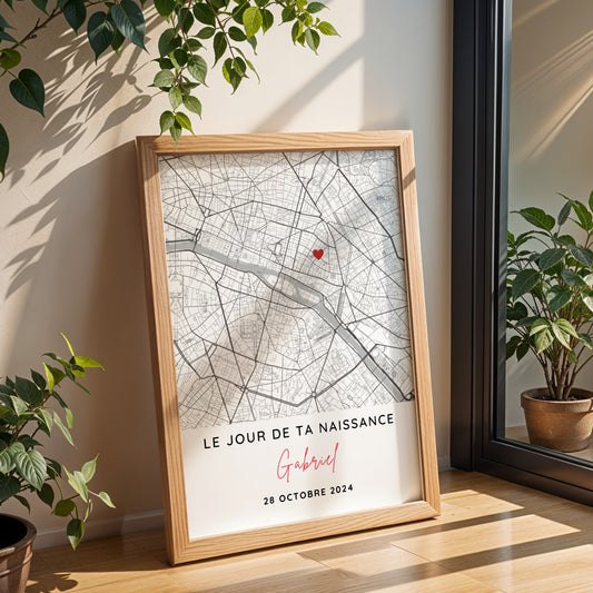 Affiche personnalisée jour de naissance avec carte de ville minimaliste, date de naissance et design épuré, décoration murale souvenir naissance