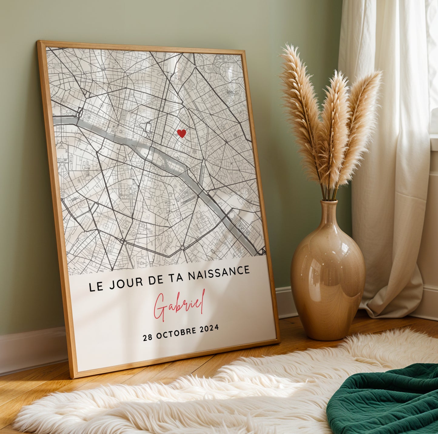 Affiche personnalisée jour de naissance avec carte de ville minimaliste, date de naissance et design épuré, décoration murale souvenir naissance