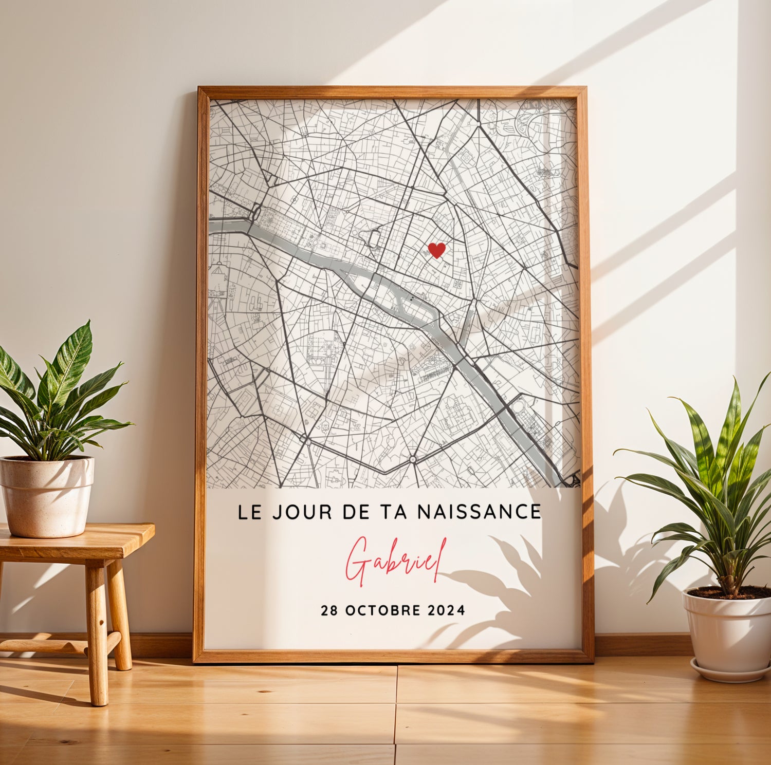 Affiche personnalisée jour de naissance avec carte de ville minimaliste, date de naissance et design épuré, décoration murale souvenir naissance