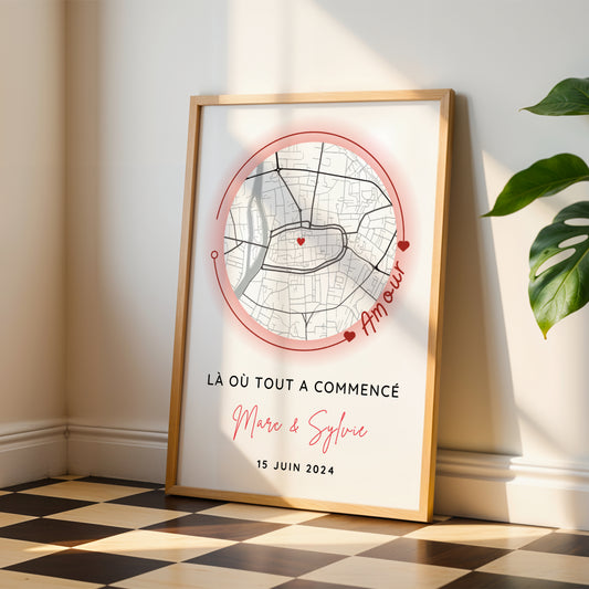 Affiche carte personnalisée pour couple avec lieu de rencontre - Affiche carte GPS là ou tout a commencé par Le Temps des Paillettes