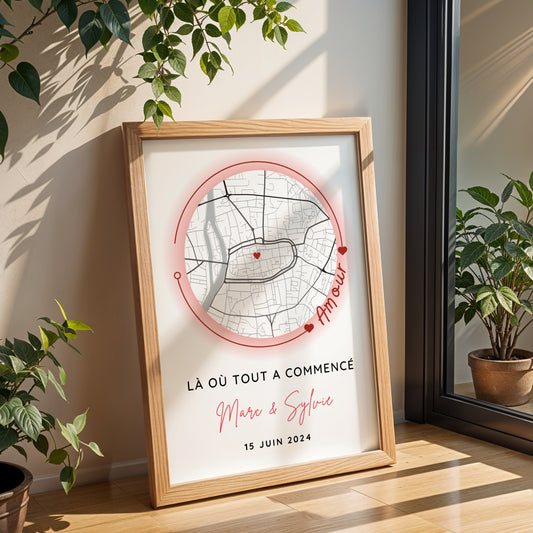 Affiche carte personnalisée pour couple avec lieu de rencontre - Affiche carte GPS là ou tout a commencé par Le Temps des Paillettes