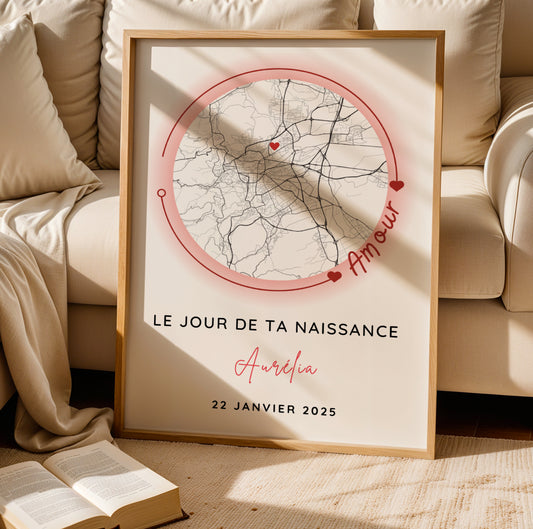 Immortalisez la naissance de votre bébé avec notre affiche personnalisée : prénom, date, ville et photo. Cadeau de naissance original et décoration élégante pour la chambre de bébé.