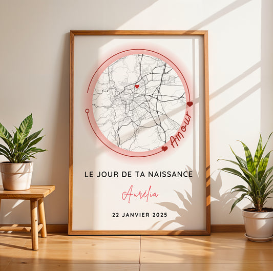 Immortalisez la naissance de votre bébé avec notre affiche personnalisée : prénom, date, ville et photo. Cadeau de naissance original et décoration élégante pour la chambre de bébé.