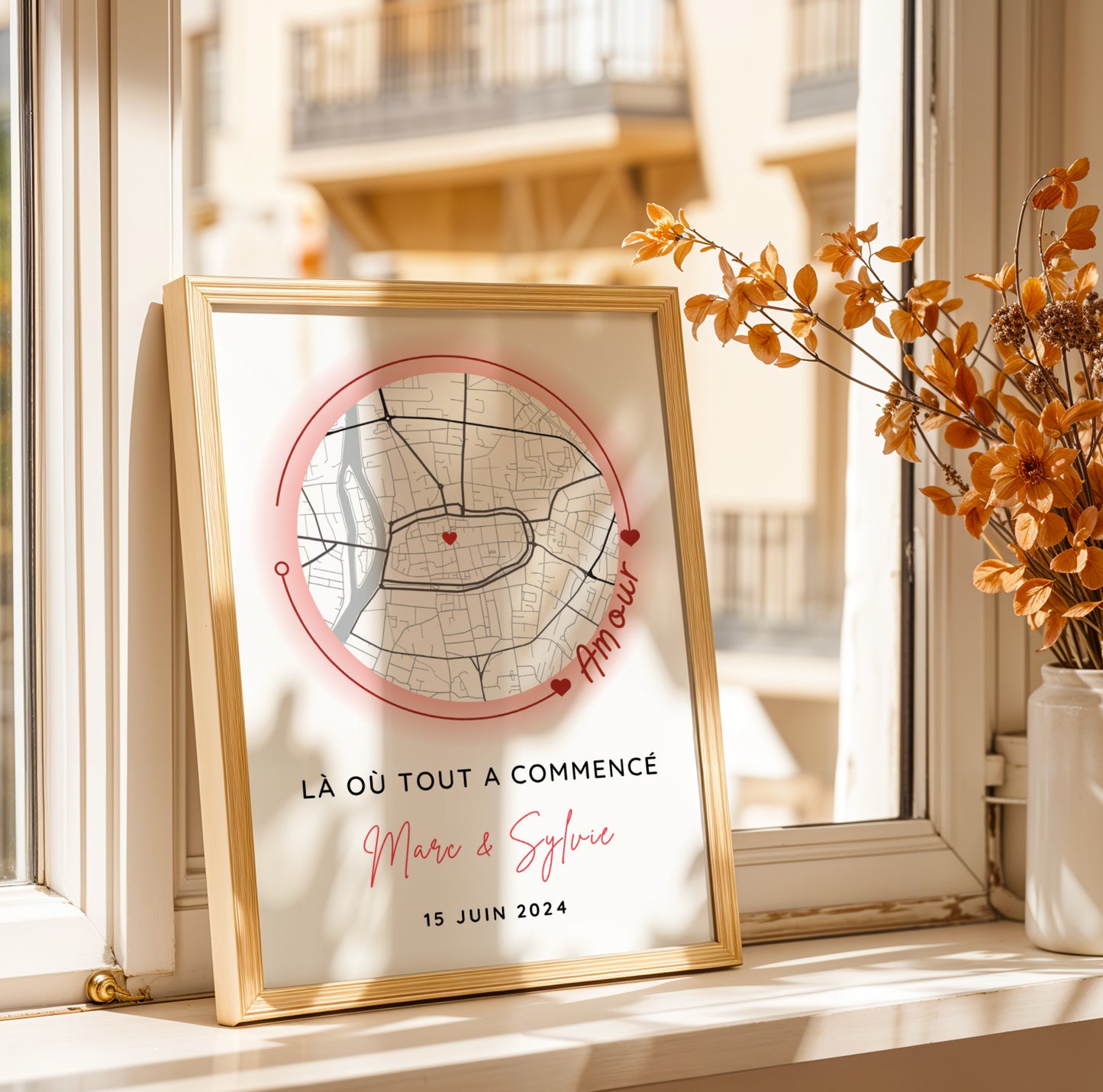 Affiche carte personnalisée pour couple avec lieu de rencontre - Affiche carte GPS là ou tout a commencé  par Le Temps des Paillettes