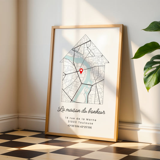 Affiche maison avec carte de ville personnalisée - Cadeau de pendaison de crémaillère