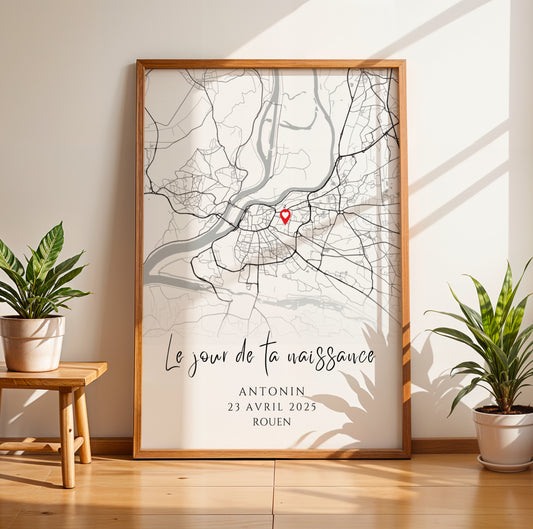 Immortalisez la naissance de votre bébé avec notre affiche personnalisée : prénom, date, ville et photo. Cadeau de naissance original et décoration élégante pour la chambre de bébé.