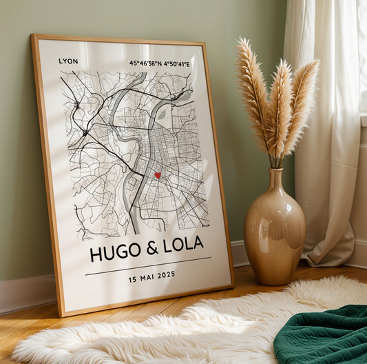 Affiche carte pour couple personnalisée avec lieu de rencontre - Affiche carte GPS 