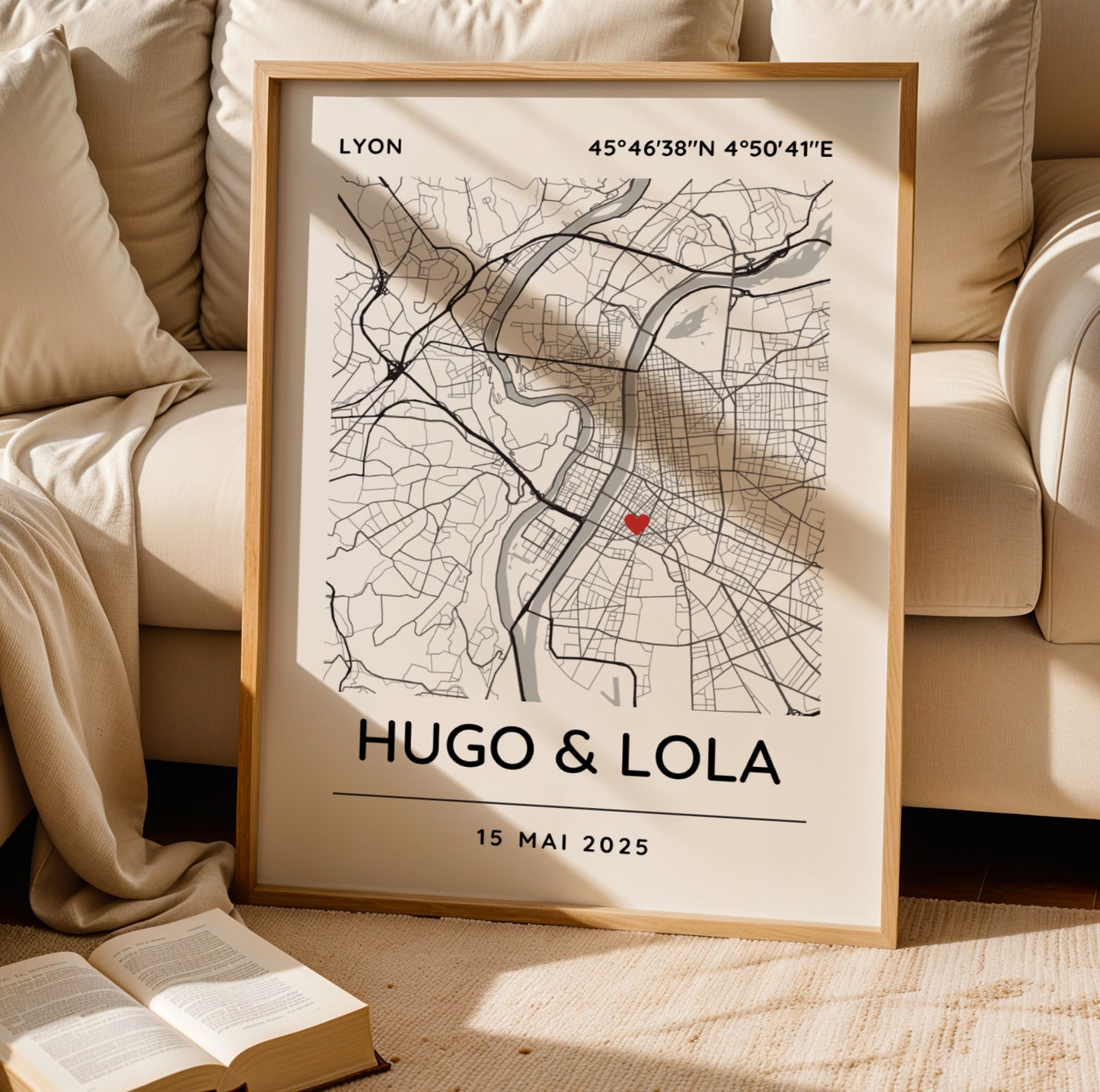 Affiche carte pour couple personnalisée avec lieu de rencontre - Affiche carte GPS 