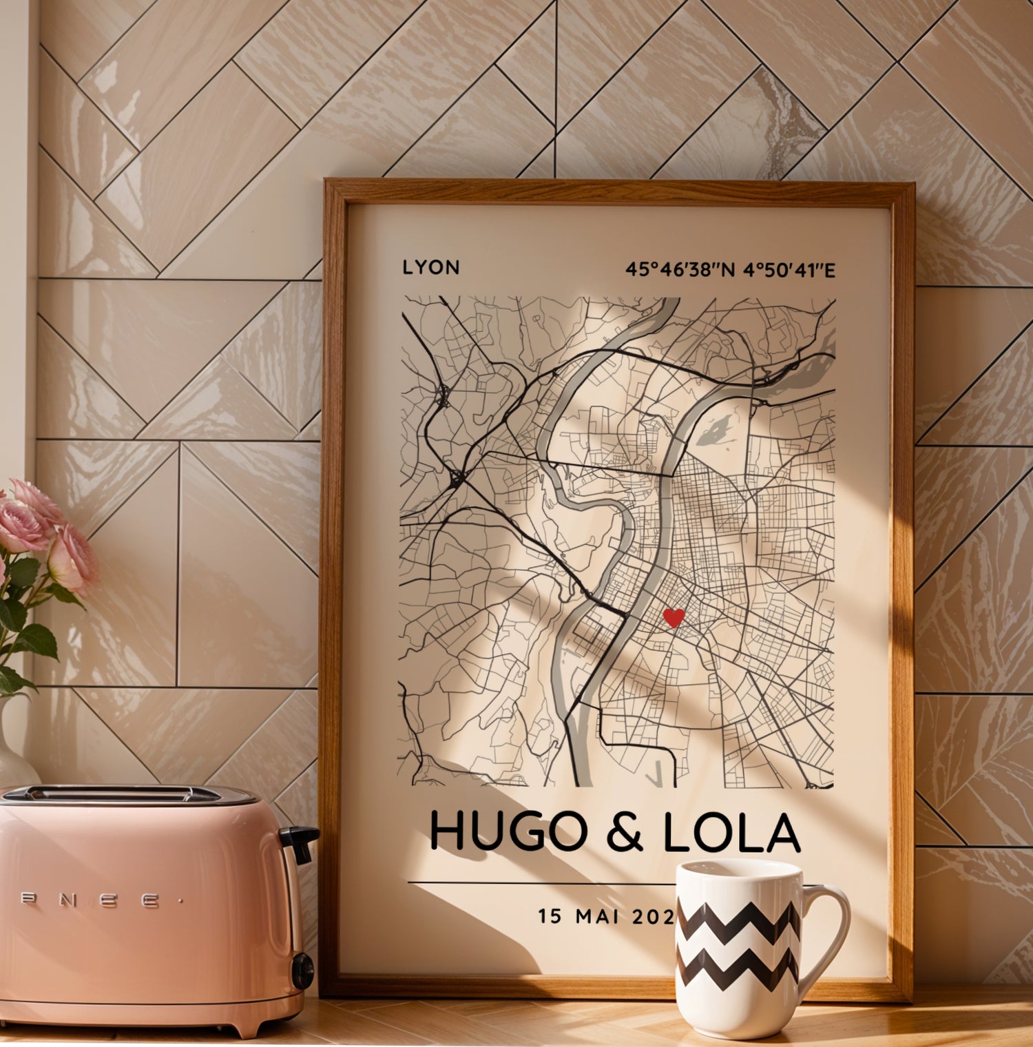 Affiche carte pour couple personnalisée avec lieu de rencontre - Affiche carte GPS 