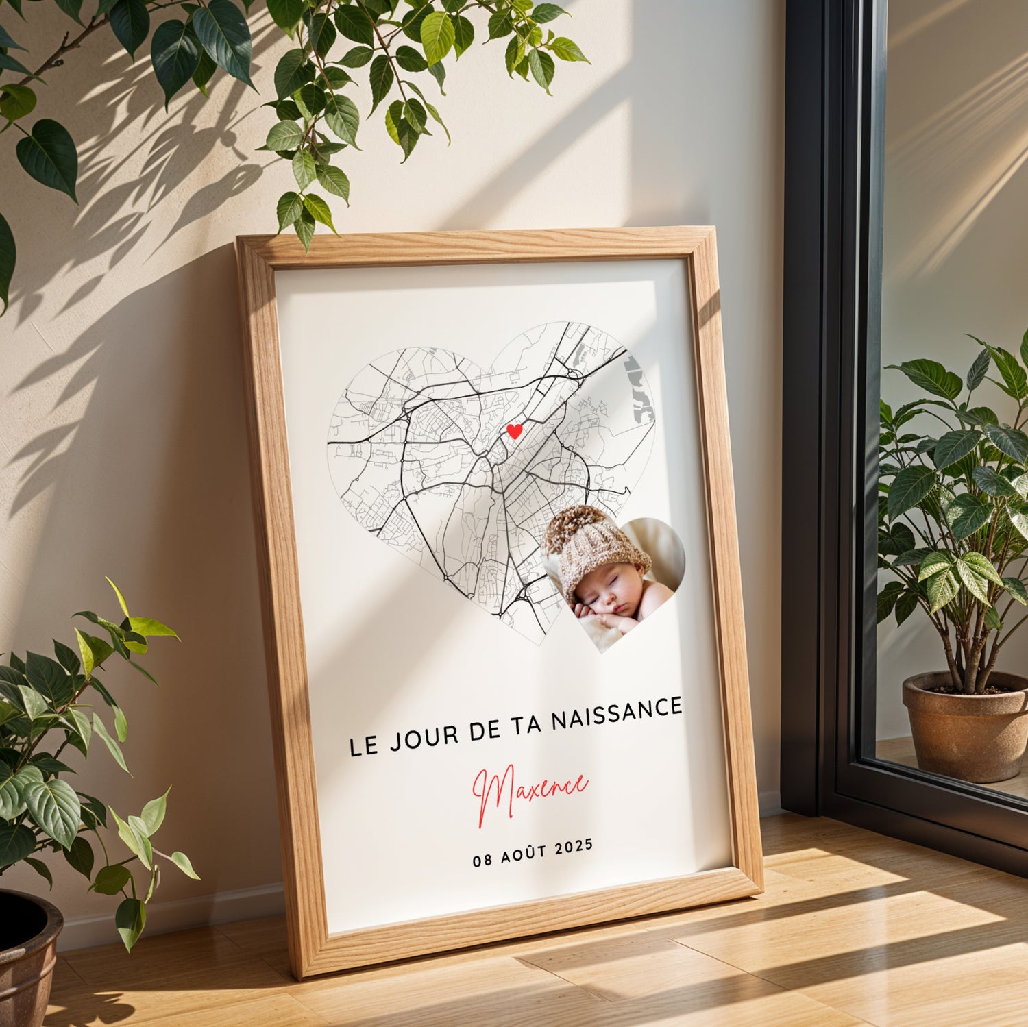 Affiche personnalisée date et ville de naissance avec photo – Souvenir naissance bébé – Déco chambre bébé élégante – Cadeau jeunes parents