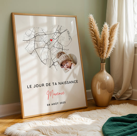 Affiche personnalisée date et ville de naissance avec photo – Souvenir naissance bébé – Déco chambre bébé élégante – Cadeau jeunes parents