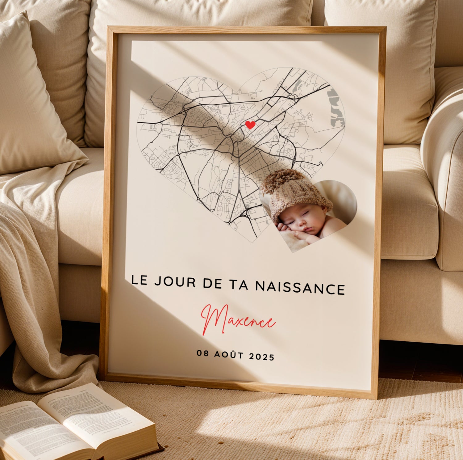 Affiche personnalisée date et ville de naissance avec photo – Souvenir naissance bébé – Déco chambre bébé élégante – Cadeau jeunes parents