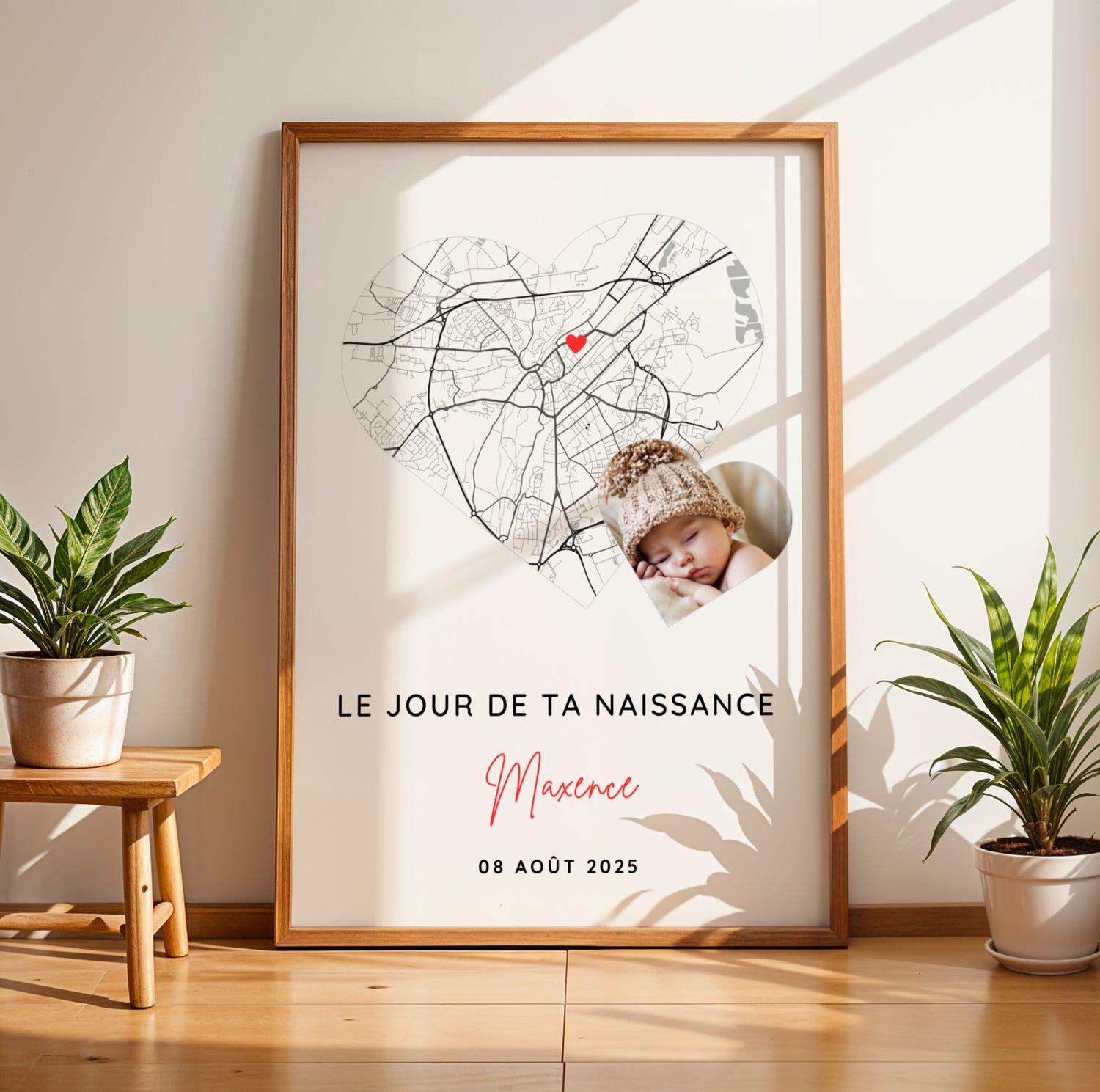 Affiche personnalisée date et ville de naissance avec photo – Souvenir naissance bébé – Déco chambre bébé élégante – Cadeau jeunes parents