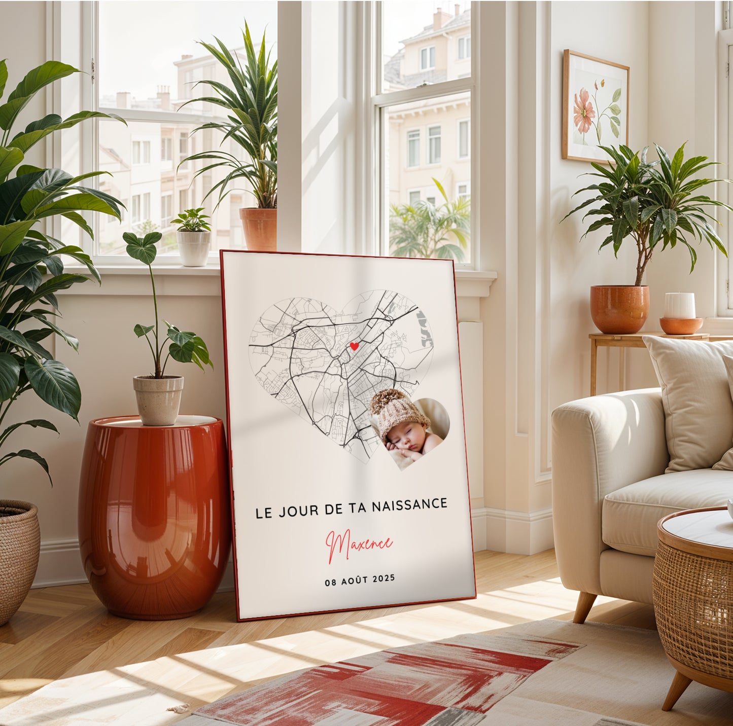 Affiche personnalisée date et ville de naissance avec photo – Souvenir naissance bébé – Déco chambre bébé élégante – Cadeau jeunes parents