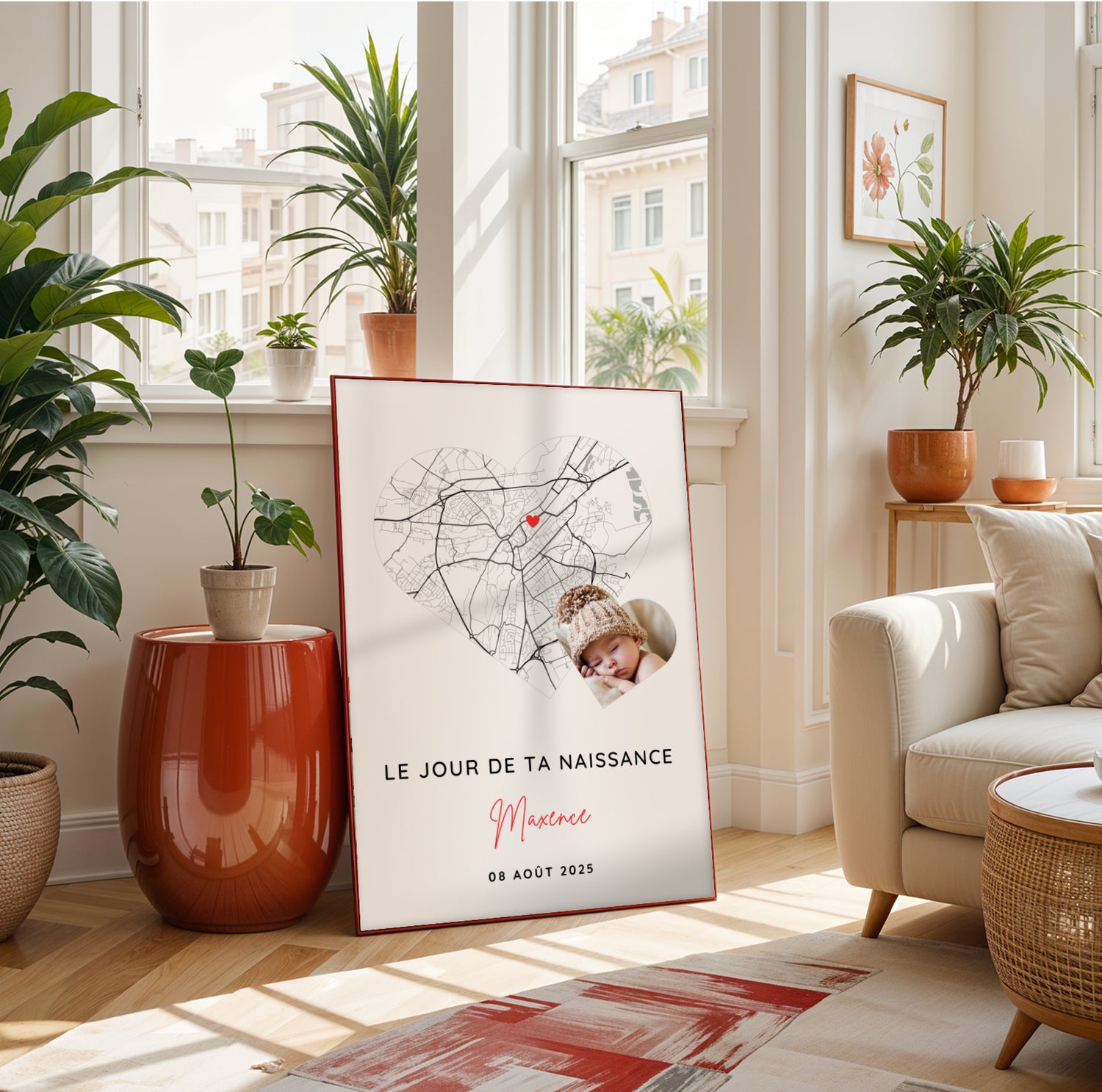 Affiche personnalisée date et ville de naissance avec photo – Souvenir naissance bébé – Déco chambre bébé élégante – Cadeau jeunes parents