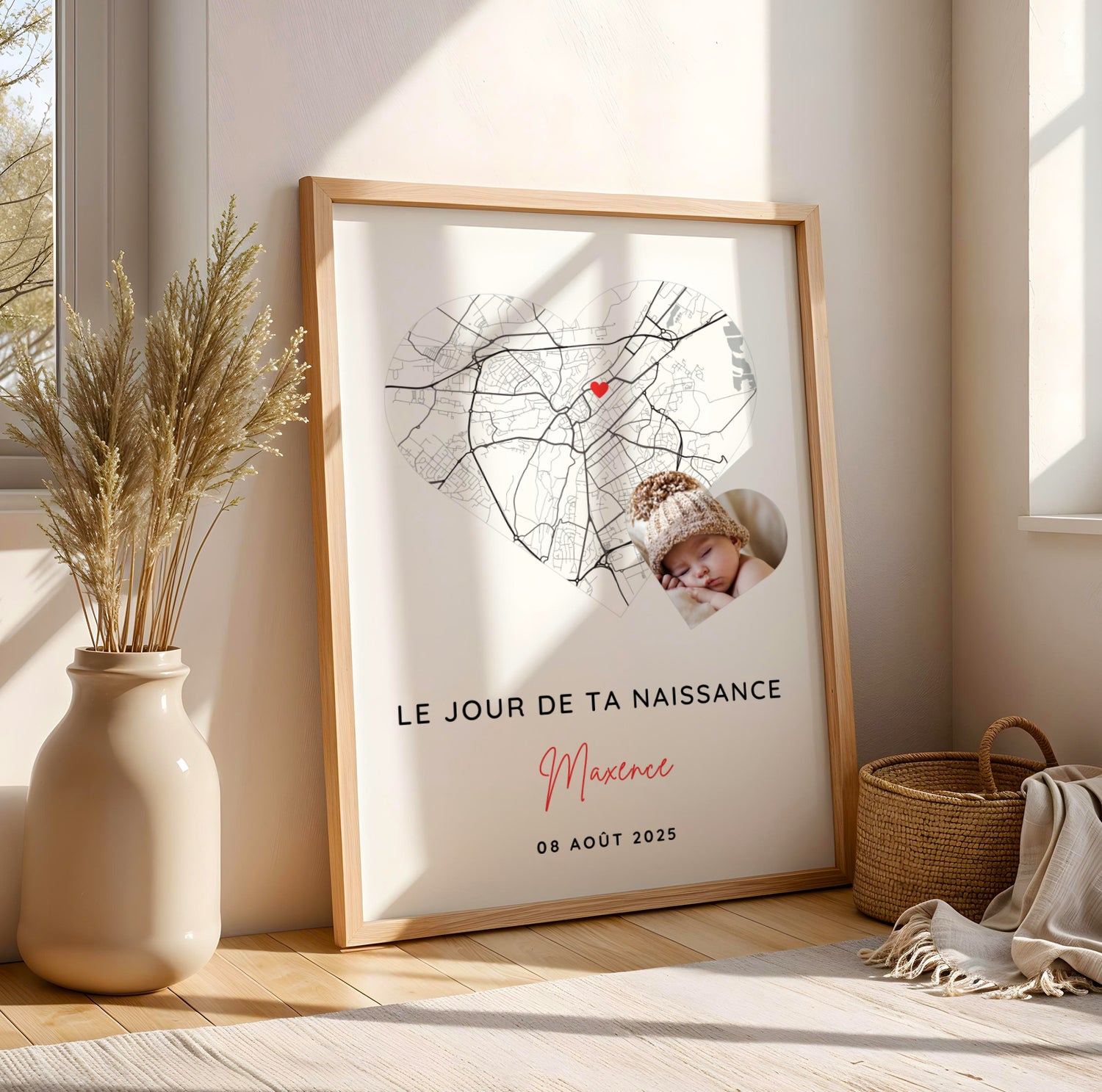 Affiche personnalisée date et ville de naissance avec photo – Souvenir naissance bébé – Déco chambre bébé élégante – Cadeau jeunes parents