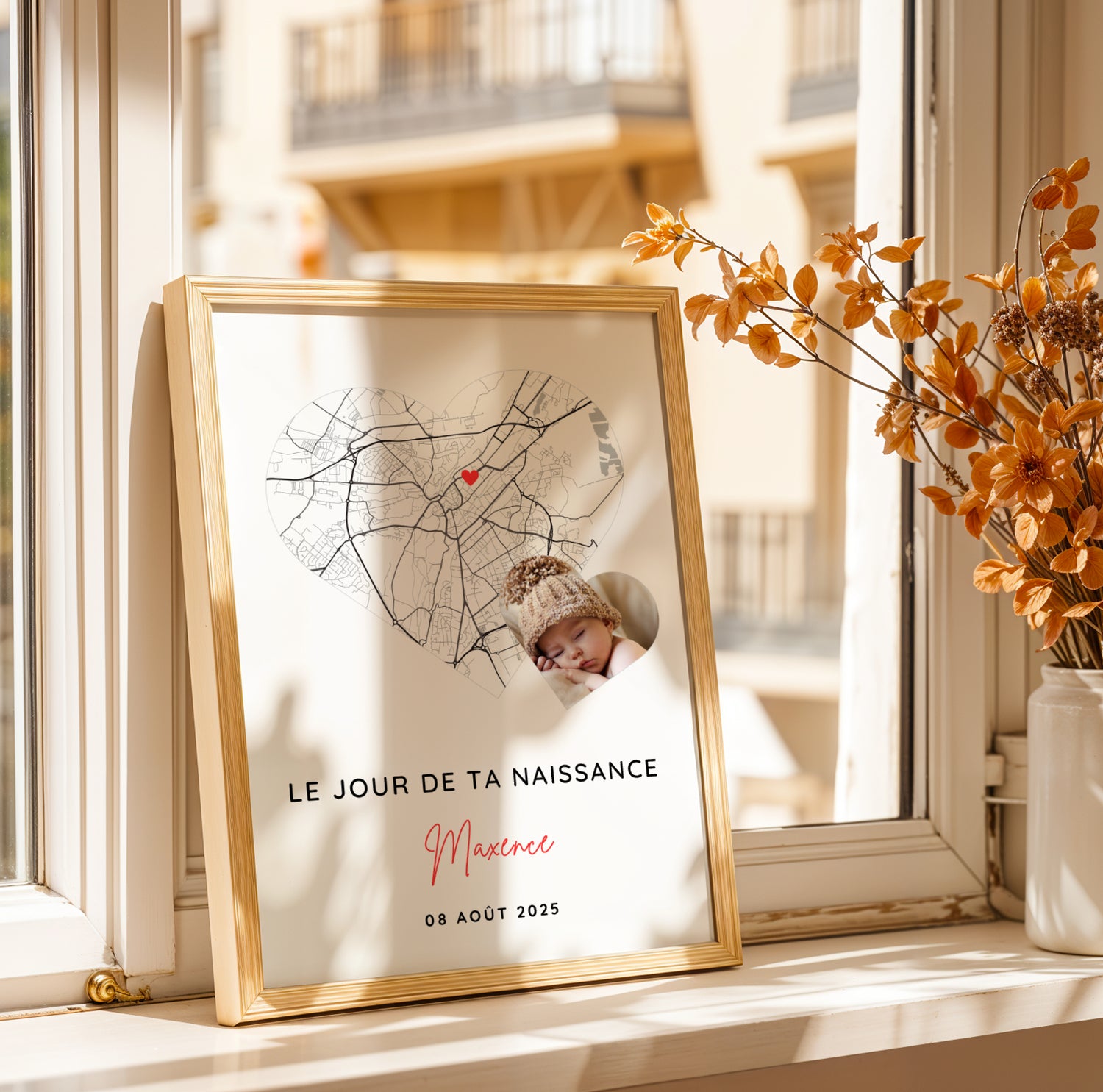 Affiche personnalisée date et ville de naissance avec photo – Souvenir naissance bébé – Déco chambre bébé élégante – Cadeau jeunes parents
