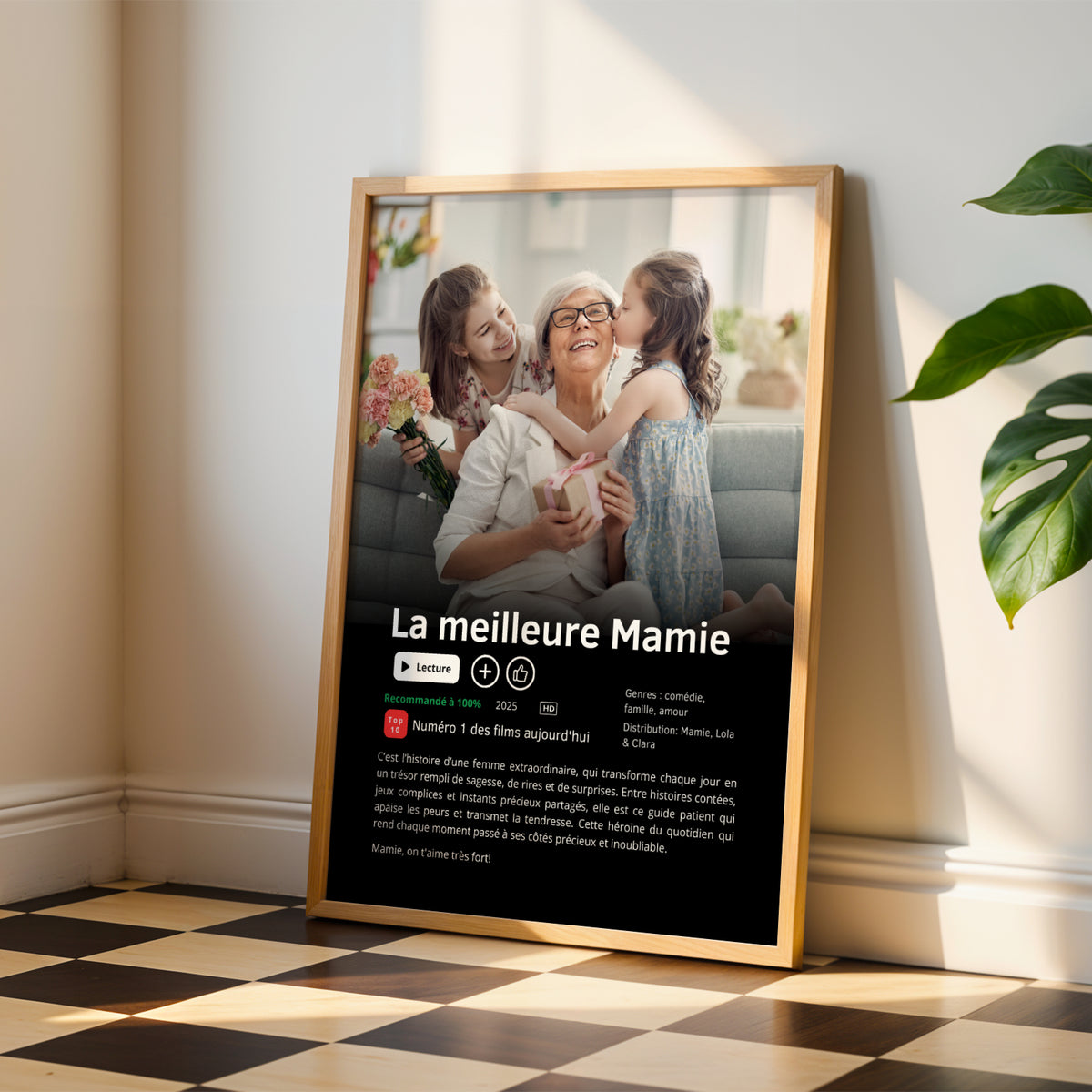 Affiche Mamie Personnalisée avec photo tendre de grand-mère et petits-enfants pour Fête des Grands-Mères.