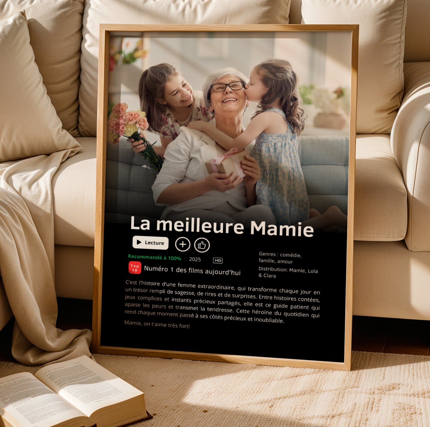 Affiche Mamie Personnalisée style Netflix with photo and "La meilleure Mamie" text for Fête des Grands-Mères, framed poster.