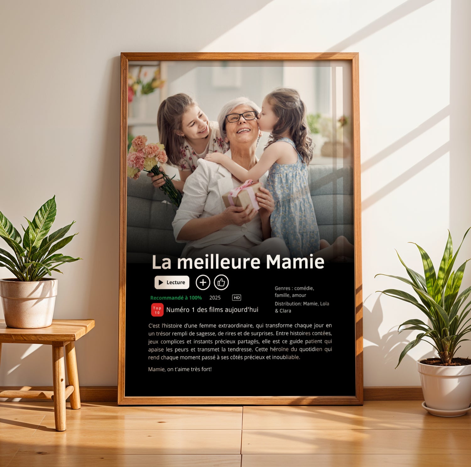 Affiche Mamie Personnalisée style Netflix with photo, "La meilleure Mamie" text, framed wall art for Fête des Grands-Mères.