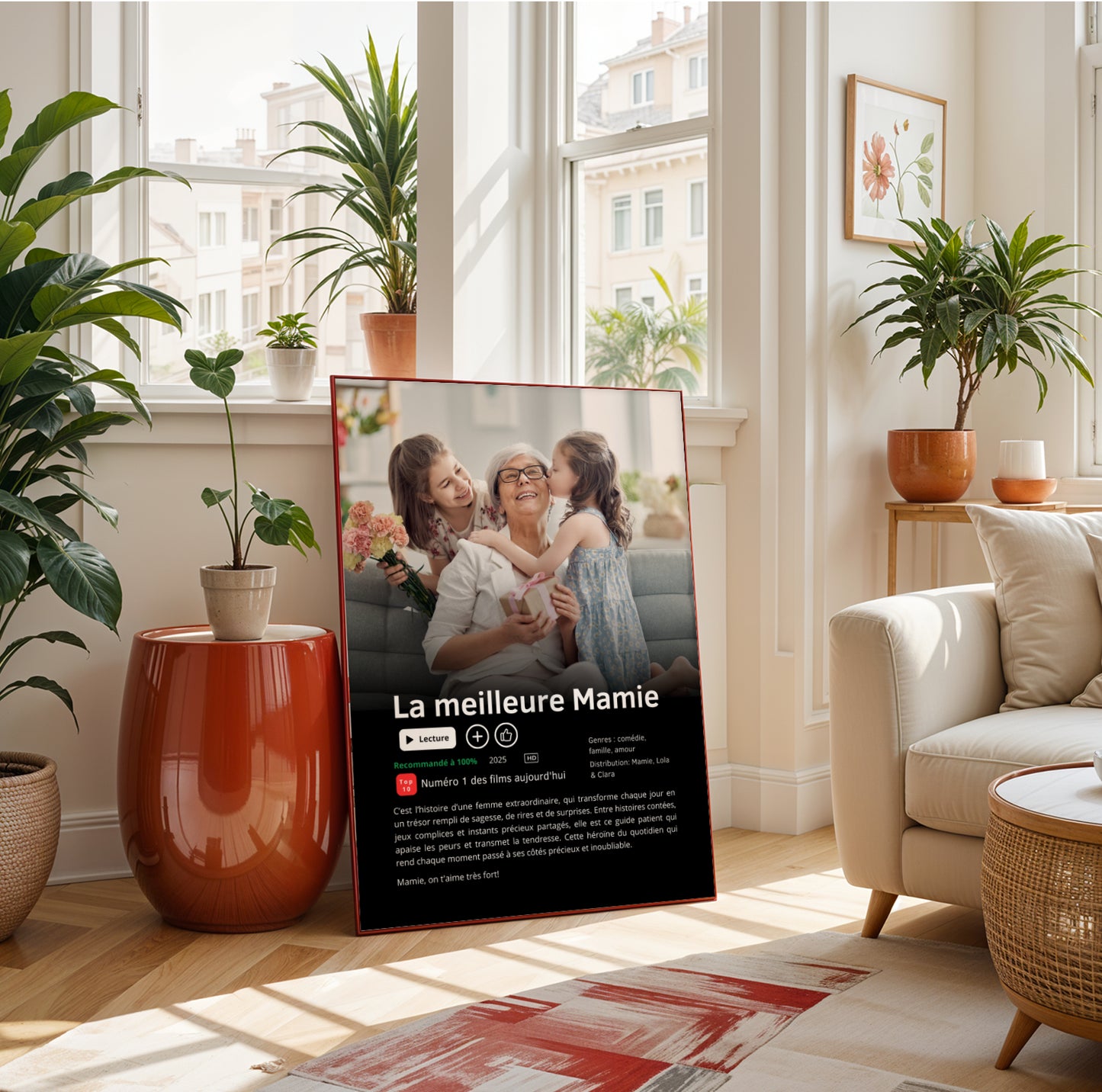 Affiche Mamie Personnalisée « Meilleure Mamie du Monde » with custom photo in bright living room for Fête des Grands-Mères.