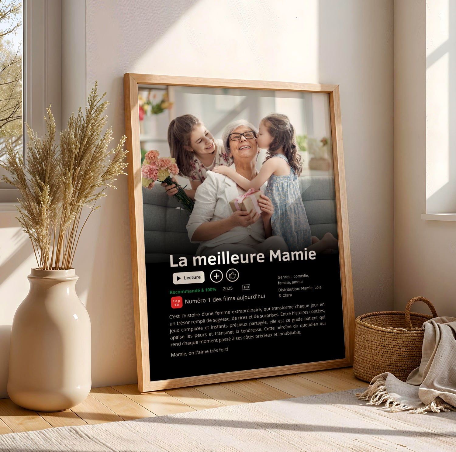 Affiche Mamie Personnalisée style Netflix with photo, "La meilleure Mamie" text, framed A3 size for Fête des Grands-Mères.