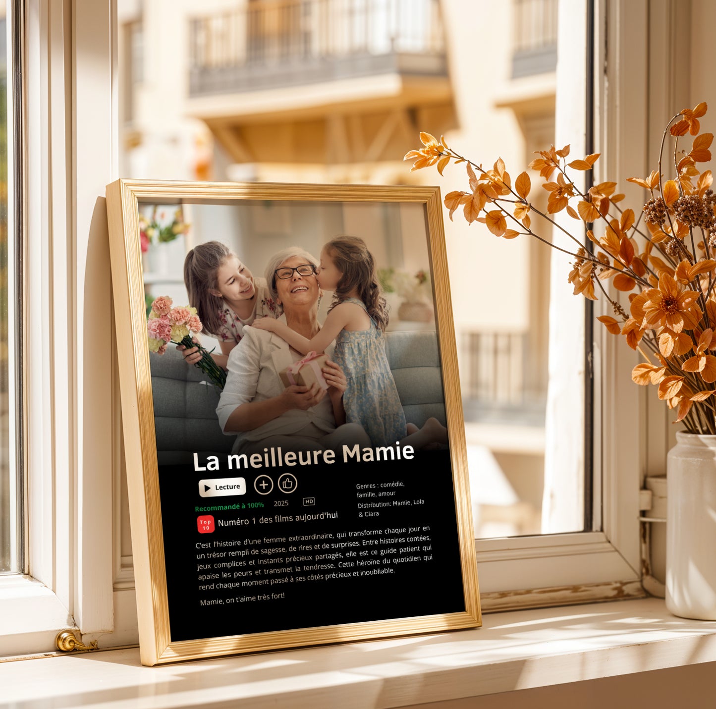Affiche Mamie Personnalisée style Netflix with photo and "La meilleure Mamie" text in gold frame on windowsill for Fête des.