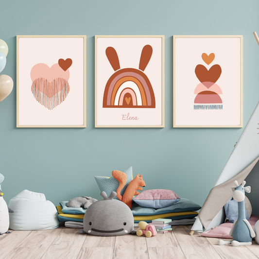 Affiches enfant Style Boho - Affiche de Naissance Arc-en-ciel Terracotta - Initiale et Triple Cœurs