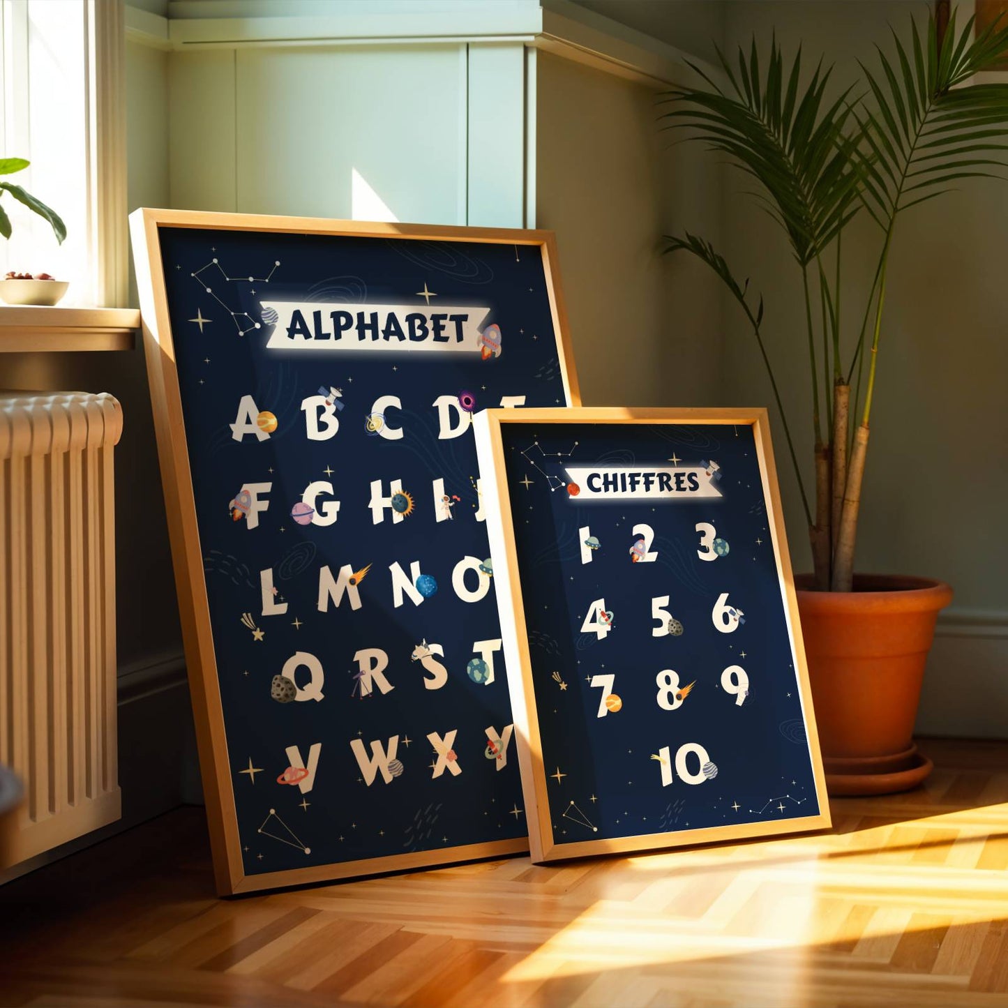 Set de 3 Affiches Espace Enfant -affiches alphabet, chiffres et prénom thème de l'espace pour enfant