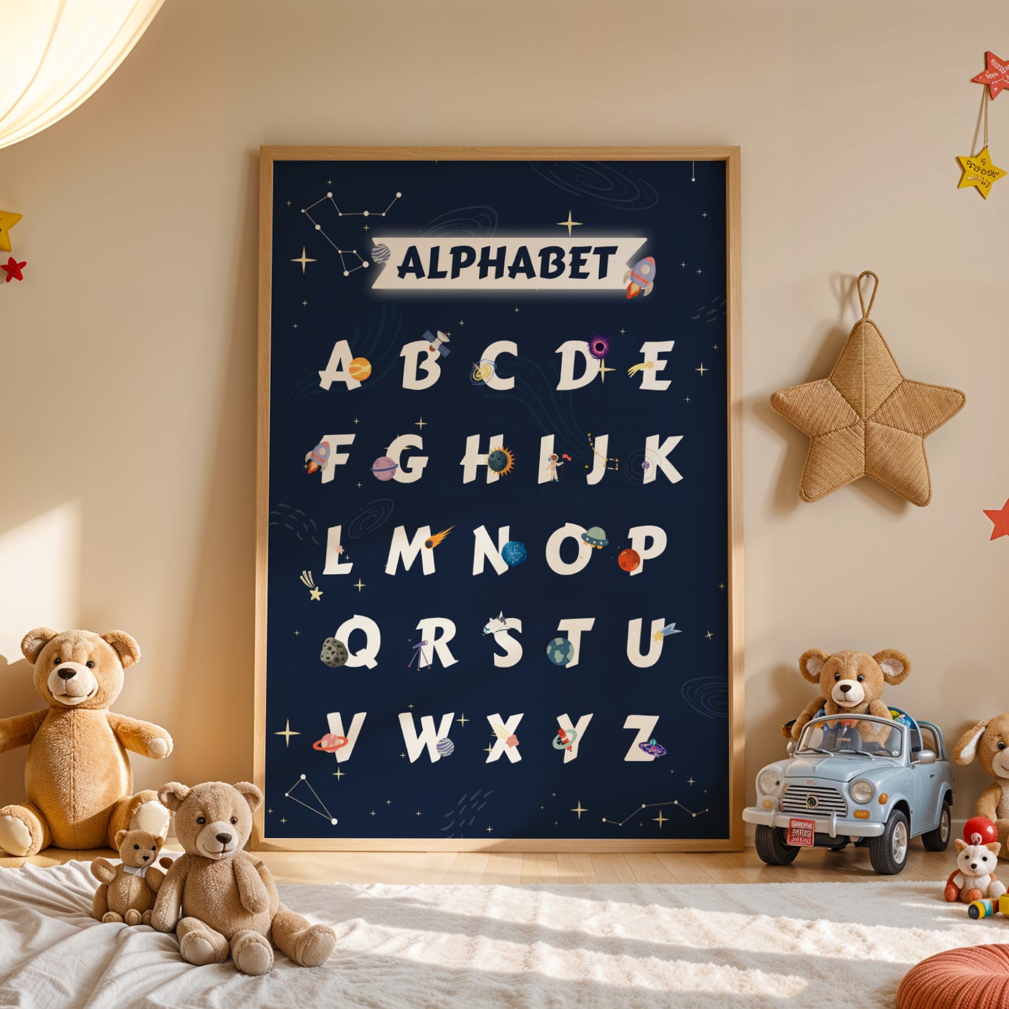 Set de 3 Affiches Espace Enfant -affiches alphabet, chiffres et prénom thème de l'espace pour enfant