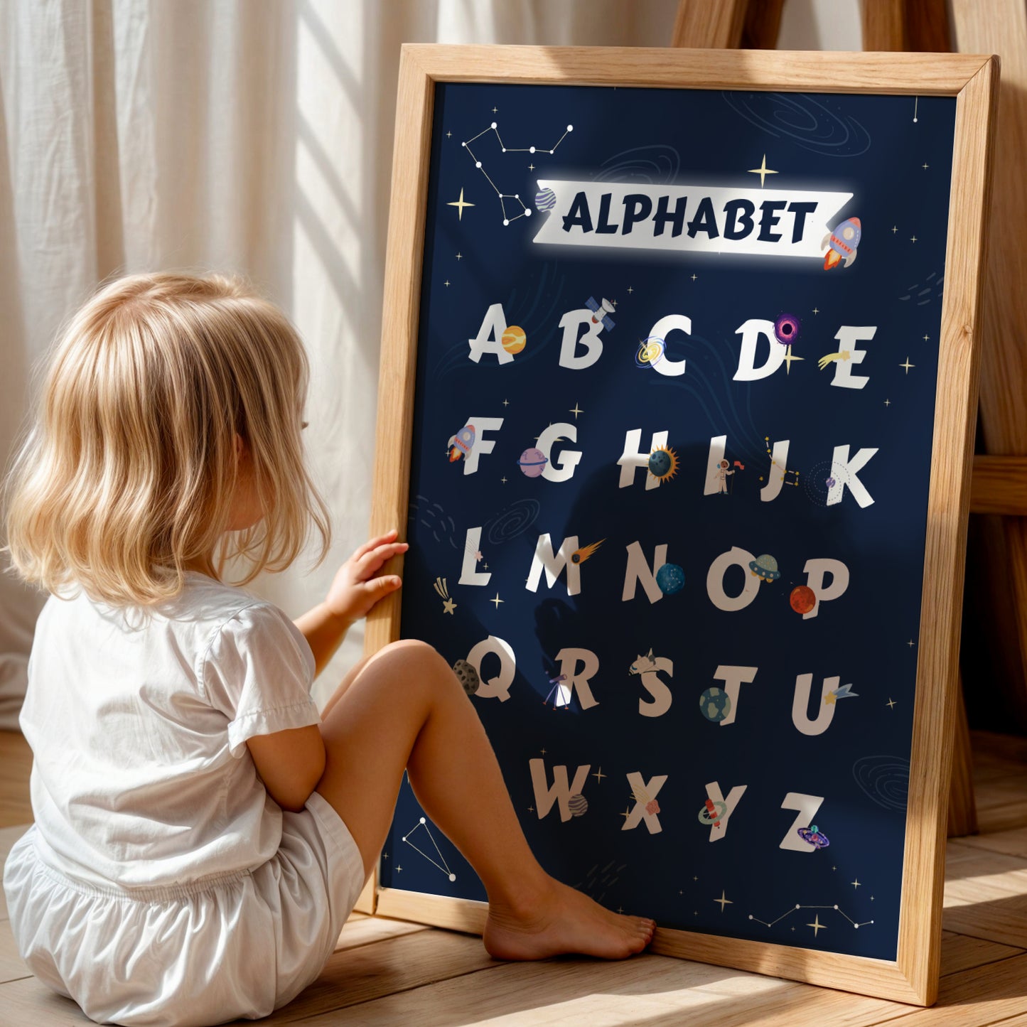 Set de 3 Affiches Espace Enfant -affiches alphabet, chiffres et prénom thème de l'espace pour enfant
