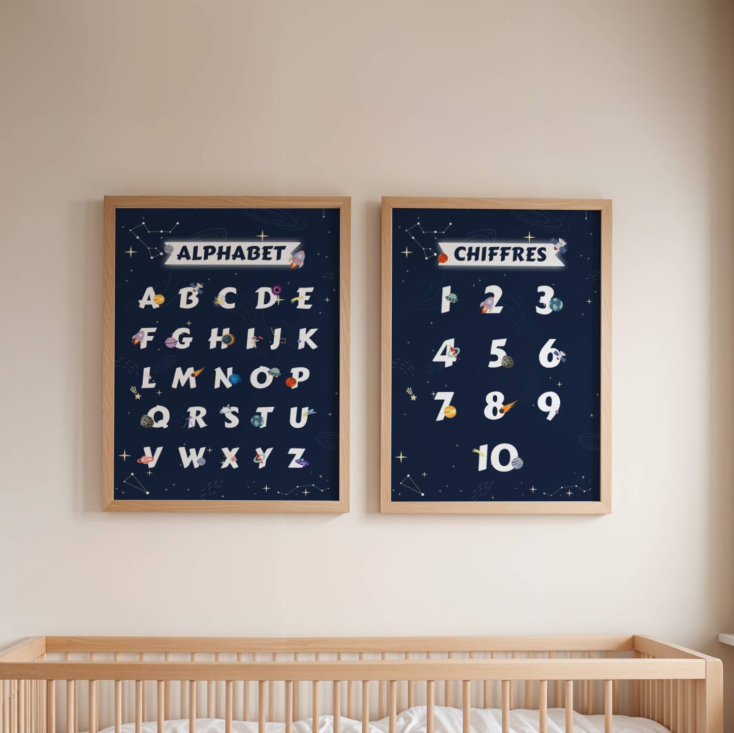 Set de 3 Affiches Espace Enfant -affiches alphabet, chiffres et prénom thème de l'espace pour enfant
