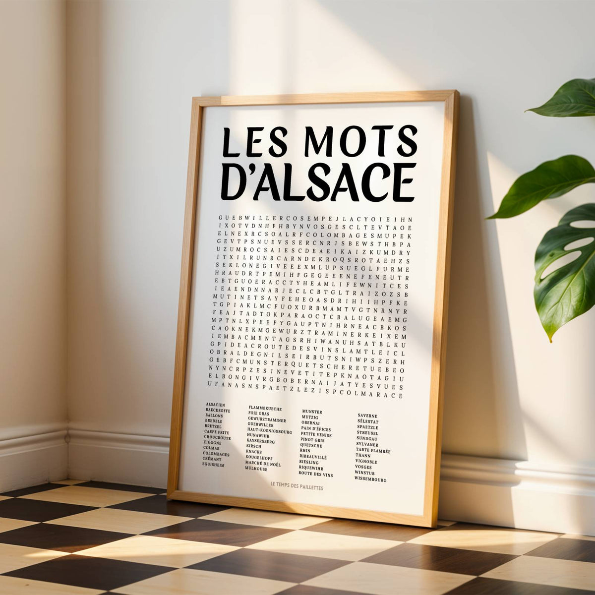 Affiche mots mêlés de l'Alsace - poster régional en noir et blanc avec grille de mots à chercher